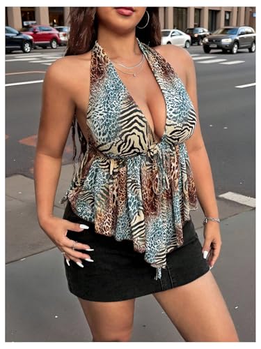 SOLY HUX Women's Plus Size Halter Tops Y2k Leopard Animal Print Deep V Neck Peplum Ruffle Asymmetrical Summer Top4