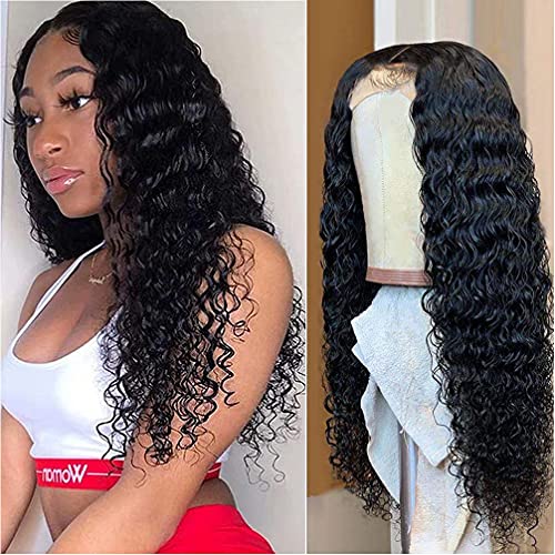 Deep Wave 4x4 Lace Front Wigs Human Hair Pre Plucked Deep Curly Lace Closure Human Hair Wigs for Black Women Brazilian Virgin Hair Lace Wigs Natural Color (16 Inch)