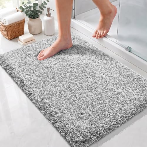 Yimobra Bathroom Rugs Non Slip Washable 32X20 Ultra Soft and Water Absorbent Bath Mats Plush Fluffy Shower Mat Outside Microfiber Thick Matts for Bathroom Floor/Tub Light Gray and White