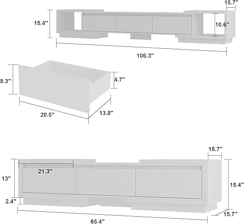 Miniatura 7 de ECACAD Soporte de TV de longitud ajustable para televisores de hasta 70 pulgadas, moderno centro de entretenimiento multimedia con 3 cajones y