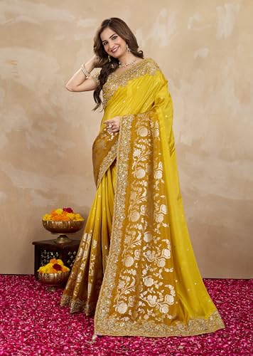 Image of TRENDMALLS Women's Jacquard Silk Embroidery Sequence Work Saree with Unstitched Blouse Piece