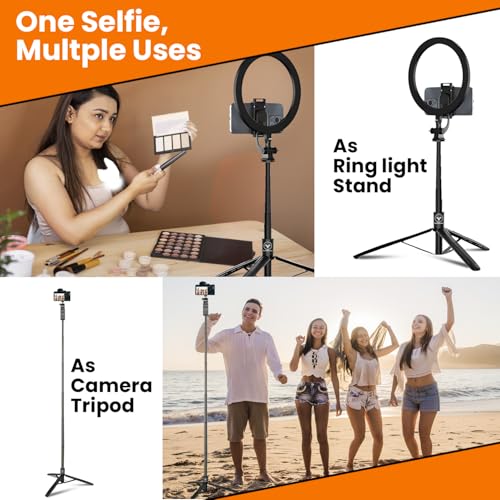 Image of Long Selfie Stick Tripod for Mobile | 62 inch Extendable Aluminum Tripod Stand with Bluetooth Remote | 360 Rotation | Vlogging for iPhone & Android | Travel Selfie Stick | Ring Light Mount
