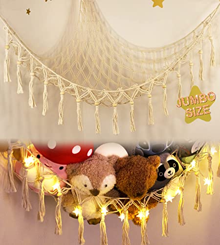 Image of Stuffed Animal Toy Storage Hammock with LED Light-Macrame Jumbo Doll Room Corner Organizer Mesh Decoration-Hanging Storage Nets Kids Bedroom, (X-Large Size)