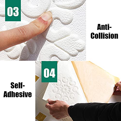 EMSMIL 3D Ziegel Tapete Selbstklebend Wandpaneele 10 Stk Weiß 70 x 70 cm Modern Wasserfest Steinoptik Tapeten 3D Effekt Schaumstoff Wandaufkleber für Badezimmer Schlafzimmer Wohnzimmer Küchen Wand