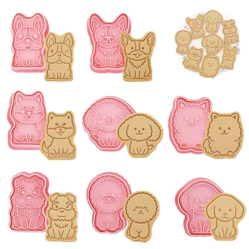 WishesMar Emporte-pièces en Forme de Chiens Lot de 8 Moule d'épices Kit Tampon à Biscuits pour la Cuisson, Fondant, Bricolage, Décoration Festive