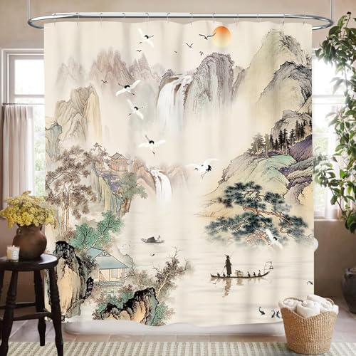 SHADIORA Asian Shower Curtain Retro Traditional Japanese Chinese Ink Painting Crane Nature Landscape Mountain Oriental Vintage Waterproof Fabric Bathroom Shower Curtain Set with Hooks 72x72