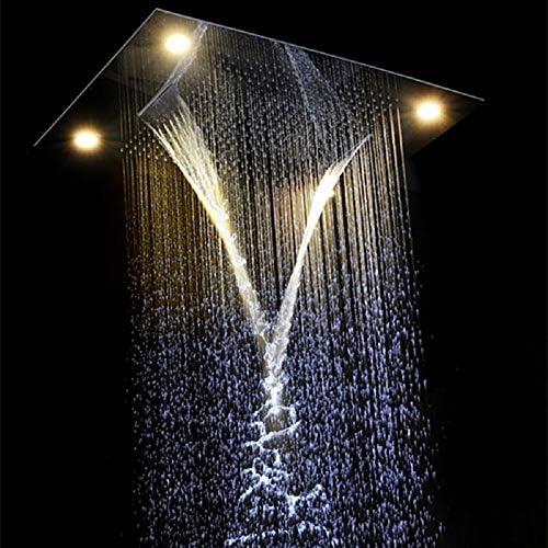 Cascada Classic Design 23”x31” large recessed rain shower head w/4 modes (Rain+ Water Curtain + Waterfall + Mix) with remote control for multi-color LED light (NON Music, Polished Stainless Steel)