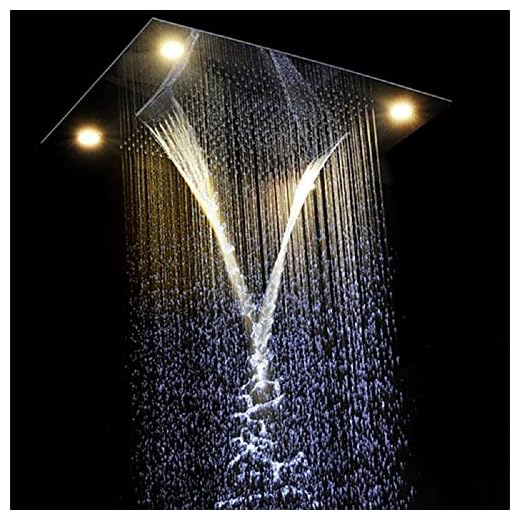 Cascada Classic Design 23”x31” large recessed rain shower head w/4 modes (Rain+ Water Curtain + Waterfall + Mix) with remote control for multi-color LED light (NON Music, Polished Stainless Steel)