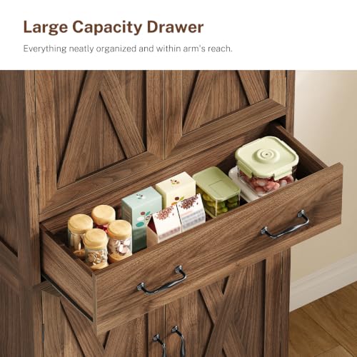 Image of TEENFON Tall Storage Cabinet with 2 Adjustable Shelves & 1 Large Drawer, Kitchen Pantry Cabinet with 4 Doors, Bathroom Storage Cabinets, for Living Room, Kitchen, Bathroom, Walnut