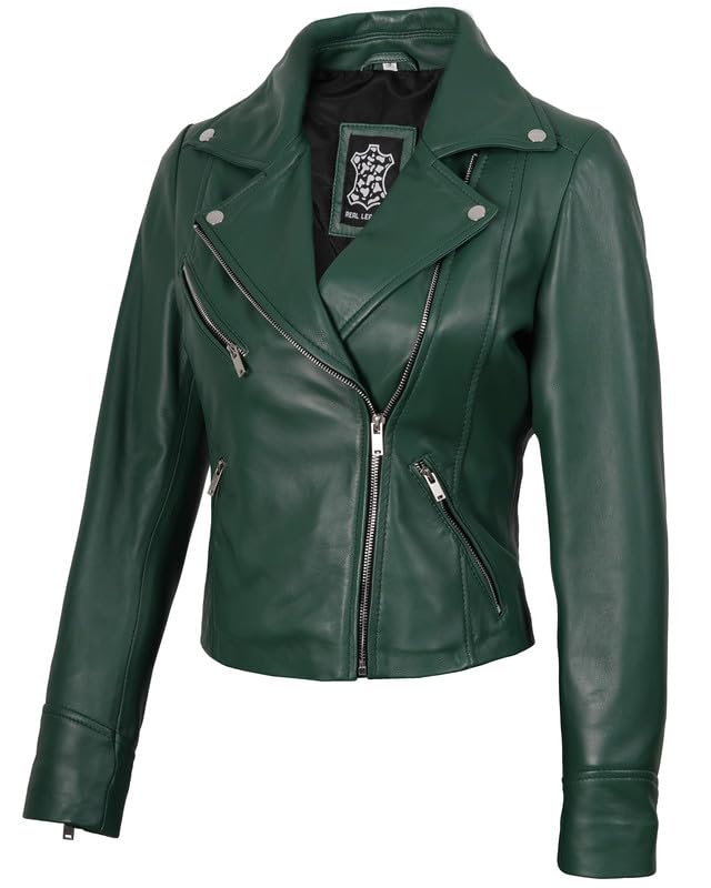Decrum Womens Leather Moto Jacket - Leather Jacket Women | [1324125] Ninfa Green, XL