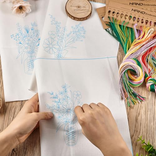 Image of Magibeads 3 Sets Beginner Embroidery Kit Vase Flower Arranging Cross Stitch Patterns Crochet Kit with Embroidery Thread Fabric Instruction Knitting