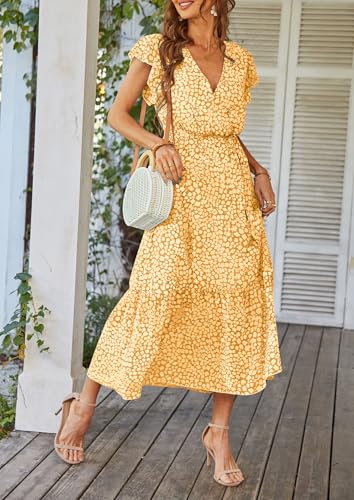 PRETTYGARDEN Women's Summer Floral Boho Maxi Dress Wrap Short Sleeve V Neck Ruffle A-Line Flowy Wedding Guest Long Dresses