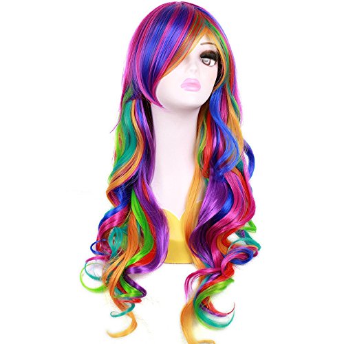 RightOn Rainbow Wig Long Curly Wig with Bangs for Women Colorful Wigs Long Wavy Rainbow Multi Colorful Wigs with Hairnet