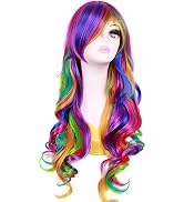 BERON Rainbow Wig Long Curly Wig with Bangs for Women Colorful Wigs Long Wavy Rainbow Multi Color...