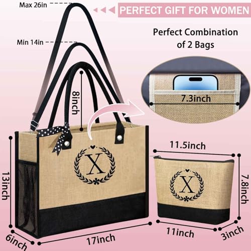 Image of GhvyenntteS Gifts for Women - Initial Jute Tote Bag & Makeup Bag, Valentines Day Gifts for Her Teacher Mom Wife Friend Birthday