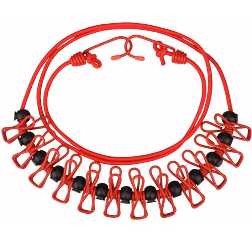 Fohil 物干しロープ 洗濯ロープ クリップ付き 物干し 防風 滑り止めストッパー 携帯便利 キャンプ用洗濯干し ホテル旅行 出張 室内 屋外 梅雨対策 部屋干し 物干し竿(レッド)