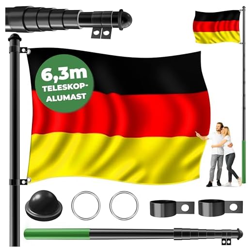 KESSER® Teleskop Fahnenmast Aluminium 6,30m Bodenhülse 60cm inkl Deutschlandfahne Höhenverstellbar Flaggenmast Mast Deutschland Flagge Alu (Schwarz)
