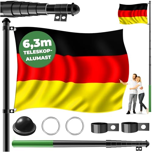 KESSER® Teleskop Fahnenmast Aluminium 6,30m Bodenhülse 60cm inkl Deutschlandfahne Höhenverstellbar Flaggenmast Mast Deutschland Flagge Alu (Schwarz)