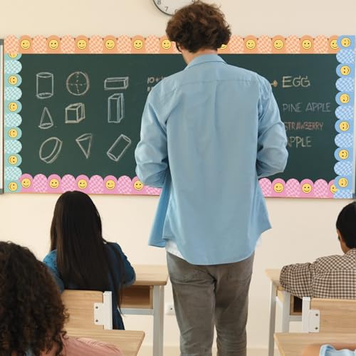 Image of Fuutreo 6 Roll 197 ft Pastel Smile Face Bulletin Board Borders Checkerboard Scalloped Wavy Classroom Border Trim Decoration for Back to School Chalkboard Door Wall Decor