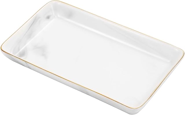 Lewondr Ceramic Tray, Large Size Tray with Gilt Edging Bathtub Toilet Tank Bathroom Tray, Jewelry Storage Dresser Tray for Candle, Lotion Bottle, Jewelry, Cosmetics, Perfume - Marble White