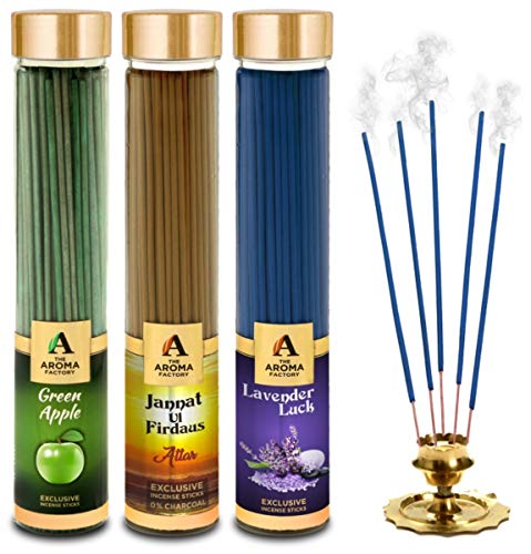 Image of The Aroma Factory Green Apple,Attar Jannat & Lavender Agarbatti for Pooja,Luxury Incense Sticks,100% Herbal Fragrance, 0% Sulphates (Bottle Pack of 3x100g)