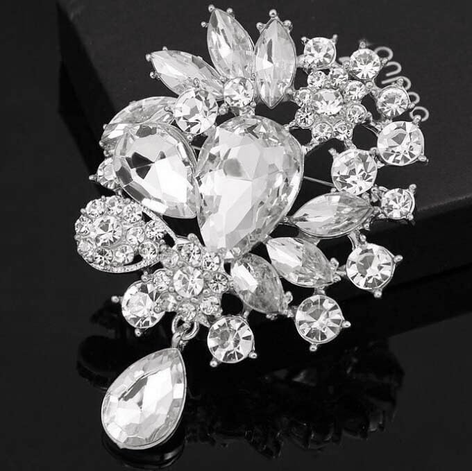 Image of Wedding Bridal Big Crystal Rhinestone Bouquet Brooch Pin for Women (Silver Tear Drop)
