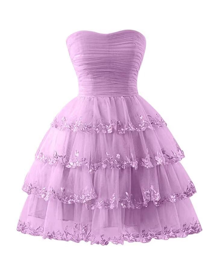 Short Strapless Lace Appliques Homecoming Dresses Tiered Ruffle Tulle Formal Cocktail Party Gowns for Teens HS2233