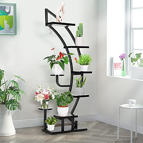 Vivohome 6 Tier 9 Potted Steel-Wood Plant Stand With Hanger, Curved Flower Pot Holder Shelf For Indoor, Black #TOP4