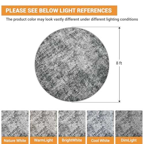 Round Rug 8ft Circle Rug Washable: Carpet Circular Area Rug for Entryway Kitchen Bedroom Dining Room Living Room Large 8 Feet Abstract College Dorm Non Slip Low Pile Black Grey