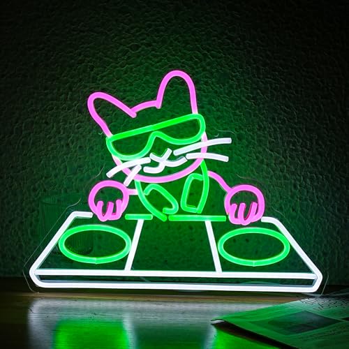 Image of Cat DJ Player Neon Sign Dimmable DJ Player Led Neon Light for Wall Decor USB Powered Cool Neon Light Sign for Bar Party Man Cave Bedroom Art Wall Decoration