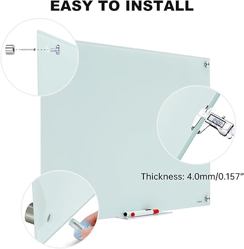 Miniatura 6 de Pizarra blanca de vidrio magnético de cristal blanco de 36 x 24 pulgadas, moderna pizarra grande de vidrio templado sin marco para pared, oficina,