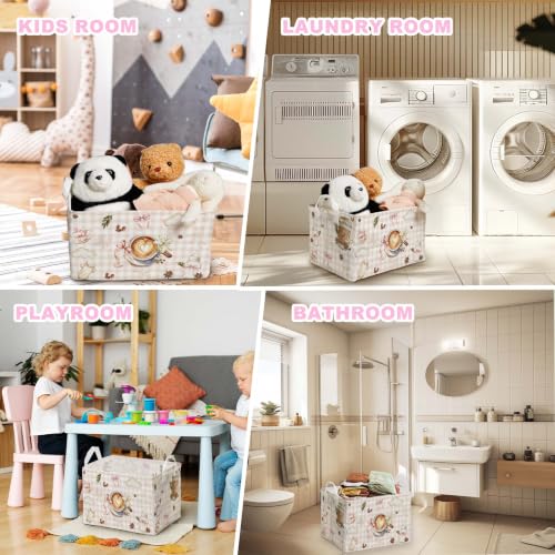 Image of A Baby Is Brewing Baby Shower Decorations,Pink Coffee Storage Baskets,Coffee Nursery Decor,Large Square Canvas Laundry Hamper With A Waterproof PE Coating, Foldable Kids Toy Clothes Bins for Bedroom