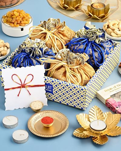 Image of HyperFoods Bhai Dooj Tikka For Brother Rawfruit's Handcrafted Potli Blue Pack of 4 Dry Fruits 495 Grams Dry Fruits Gift Box DryFruit Combo Pack Tikka For Bhai Dooj Tikka for BhaiDooj with Gift