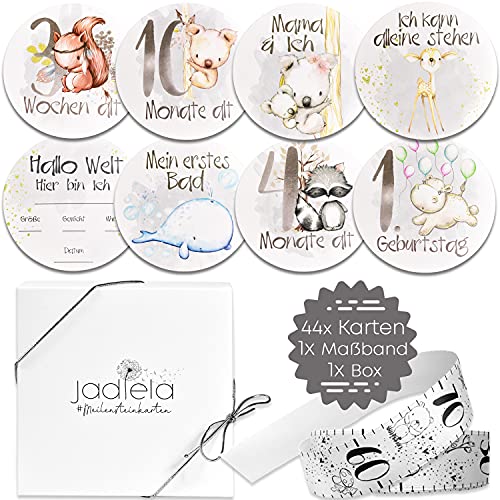 Jadiela 44 Runde Baby Meilensteinkarten Mädchen und Junge inklusive Maßband und Geschenkbox, Baby Meilenstein Karten als Geschenkidee zur Schwangerschaft, Babyparty, Geburt, Taufe, Made in Europe Cover