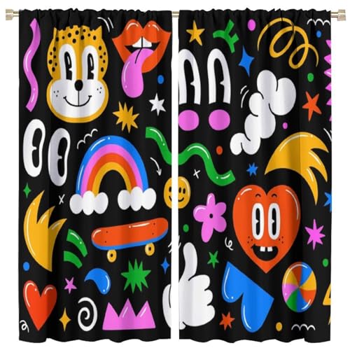 Groovy Cartoon Curtains, Fashion Funny Hippie 70s Boho Colorful Personality Pattern, Blackout Thermal Insulation Rod Pocket Window Treatments for Living Room Bedroom Bathroom (21x45in) x2 Panels