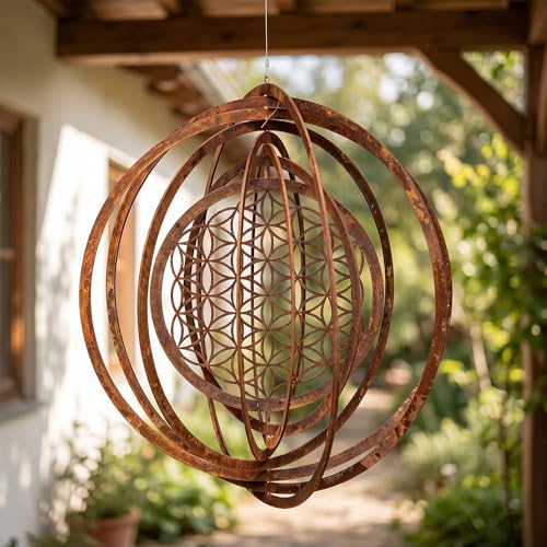WRQIOO Windspiel Garten Rostoptik Blume des Lebens, ø25cm Windspiele für Draußen...