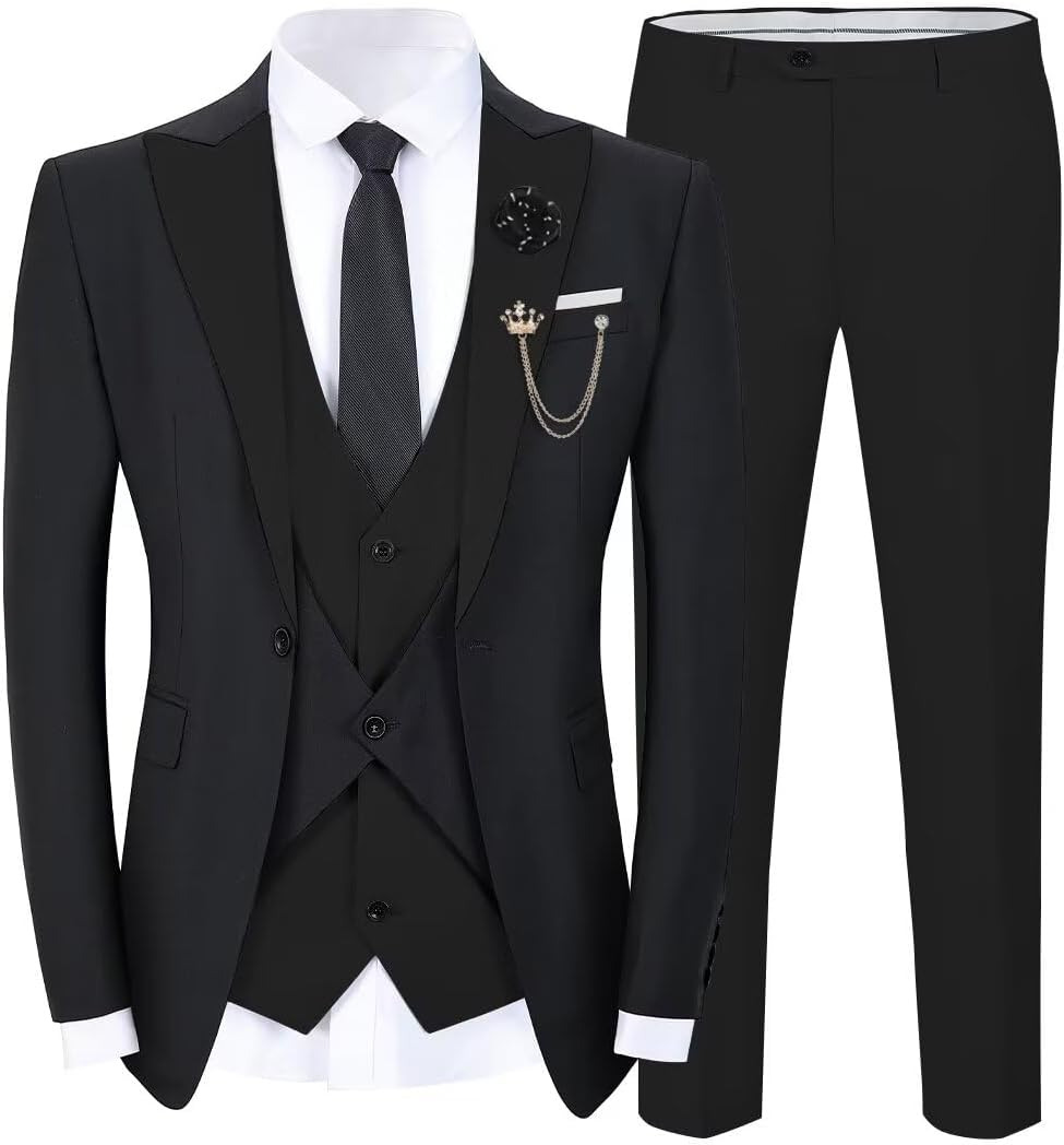 Wangyue Men's Tuxedo Suit 3 Piece Suits for Men Wedding Slim Fit Prom Tuxedo for Men Dinner Party Blazer Vest Pants Set