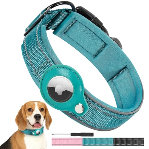Tivray Airtag Dog Collar with AirTag Holder, Reflective Dog Collar with Soft Padded & Safety Locking Buckle, Nylon Pet Collar Adjustable Heavy Duty AirTag Collar for Small Medium Large Dogs, M, Cyan