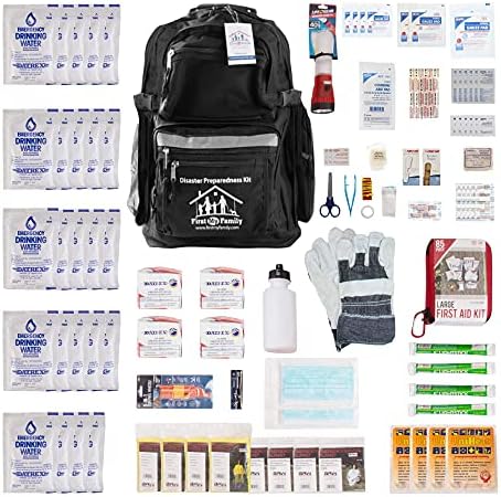 First My Family All-in-One 4 Person, 72 Hour Emergency Survival Kit for Fires, Earthquakes, Hurricanes, Floods, Tsunami and Other Disasters - Premium Black Backpack