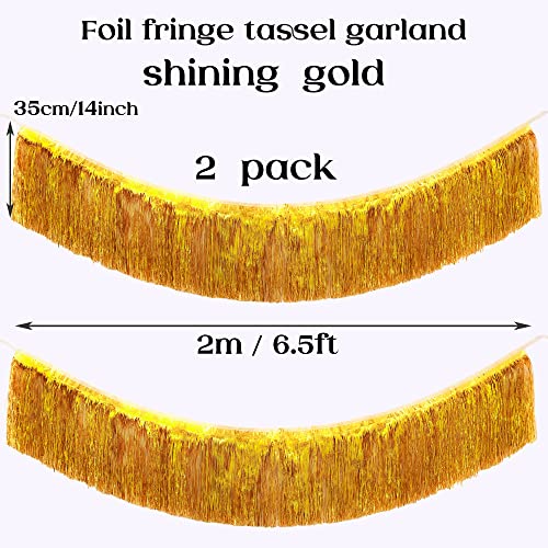 Image of Premium Gold Fringe Tinsel Garland for Party Decorations -4 Layers Thick, 2 Pack | LILF Foil Metallic Tinsel Banner Party Streamers for Wedding Birthday Christmas Decoration Home Hanging Decor