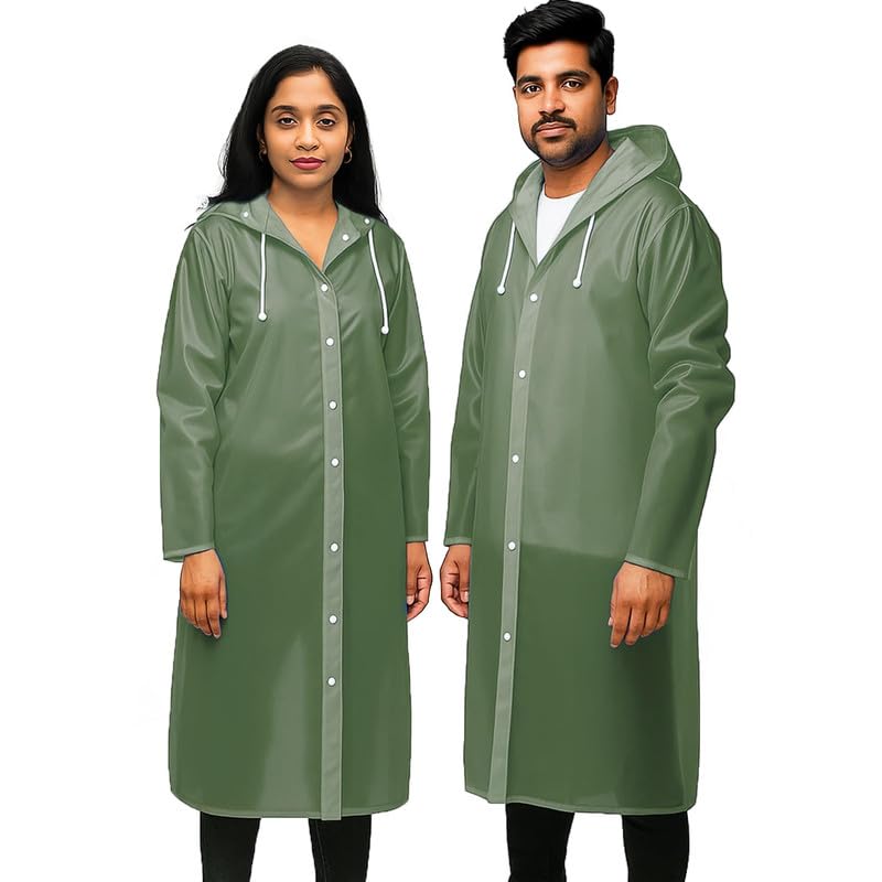 w+ Waterproof Long Hooded Raincoat | Premium EVA Material | Full Length Button Closure Rain Wear Boys and Girls (Dark Green) (1 Piece)-picture-48