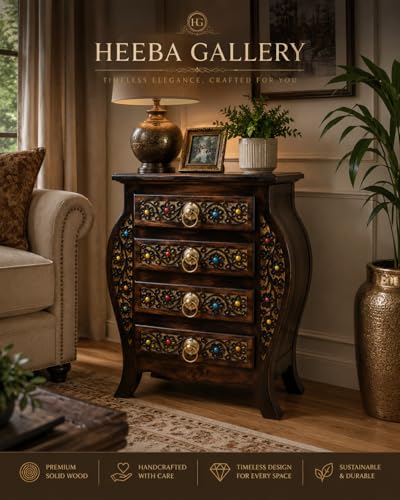 Image of Wooden Stool-Natural Wood Antique Look Side Table with Two Drawer for Living Room (Brown, 14 x 14 x 21 inch) || AS(4D) (Four Drawer Antique Table)