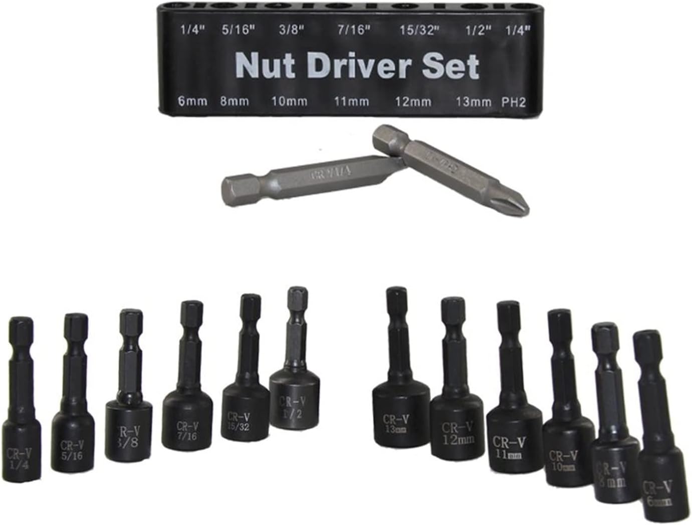 14 Pcs Power Magnetic Nut Driver Drill Bit Set Metric&SAE Socket Wrench and Screw 1/4 Inch Dr. Hex