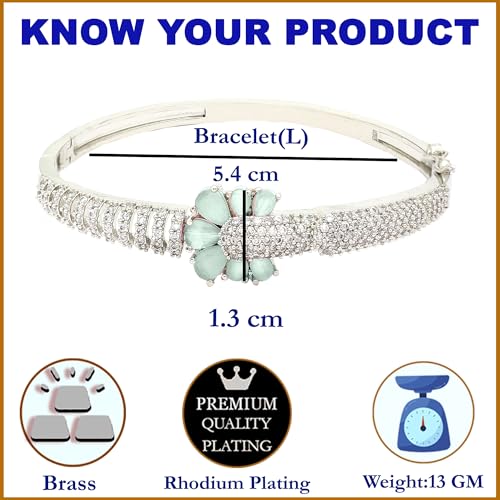 Image of ZENEME Rhodium-Plated Square Shaped American Diamond Studded Kada Bracelet For Girls and Women