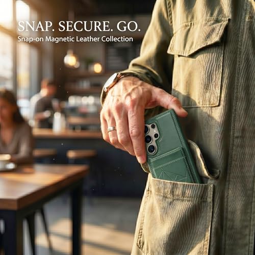 Image of amazon basics Premium Vegan Leather Back Cover with Card Holder and Integrated Mobile Stand for Samsung Galaxy S24 Ultra 5G - Slim Shockproof Wallet Case with Geometric Stitching [Green]