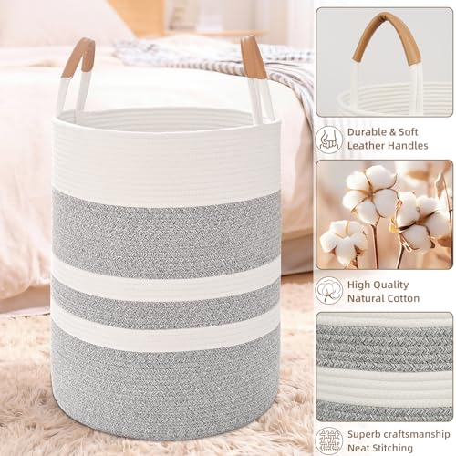 Image of Large Laundry Basket, Laundry Hamper with Leather Handles, 60L Woven Dirty Clothes Hamper, Rope Hampers for Bedroom, Barthroom, Grey