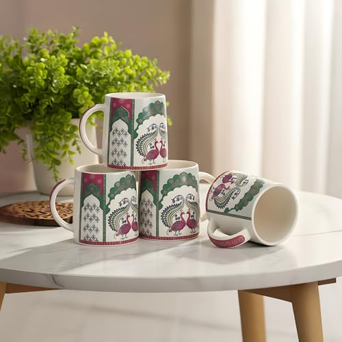 Image of miah decor Neelmayur Royale Collection Handcrafted Ceramic Coffee Cups Set of 4 | Mughal Peacock Design Tea & Coffee Mugs | Green & Maroon on Cream Base | Microwave & Dishwasher Safe