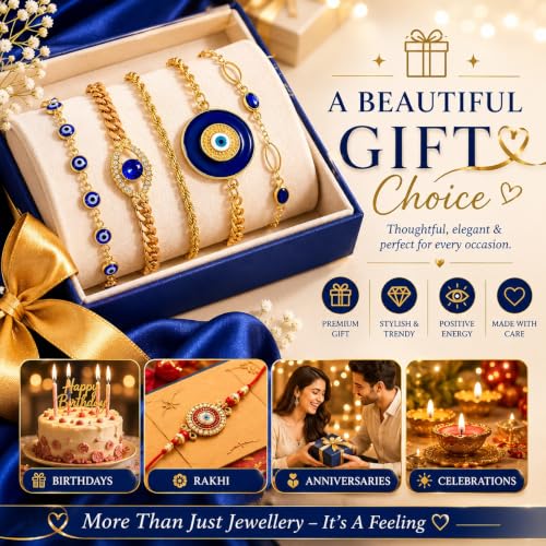 Image of Gold Plated Evil Eye Bracelet Set for Women and Girls, Adjustable Blue Nazar Protection Stackable Chain Bracelet Combo, Crystal Fashion Jewellery, Set of 5