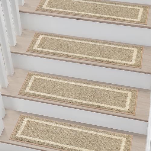 COSY HOMEER Alfombrillas para escaleras, 70 x 22 cm (15 unidades), para interiores, autoadhesivas, antideslizantes, lavables a máquina, 100 % poliéster, respaldo TPE, color beige