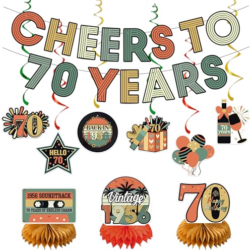 Roetyce 70th Birthday Decorations Women Men Cheers To 70 Years Banner Centerpieces Hanging Swirls 70th Birthday Party Supplies for Dad Mom Vintage 1956 70 Years Old Party Photo Backdrop Background